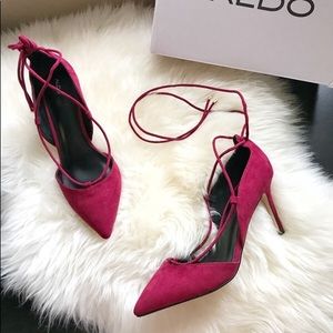 Faux suede ankle wrap pumps